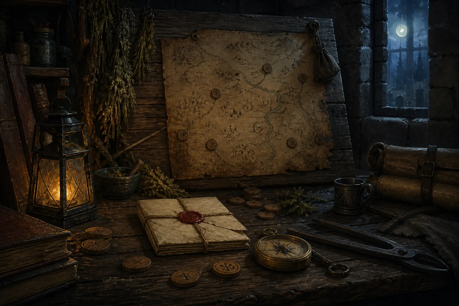 A lantern-lit archive desk with a map, compass and field notes