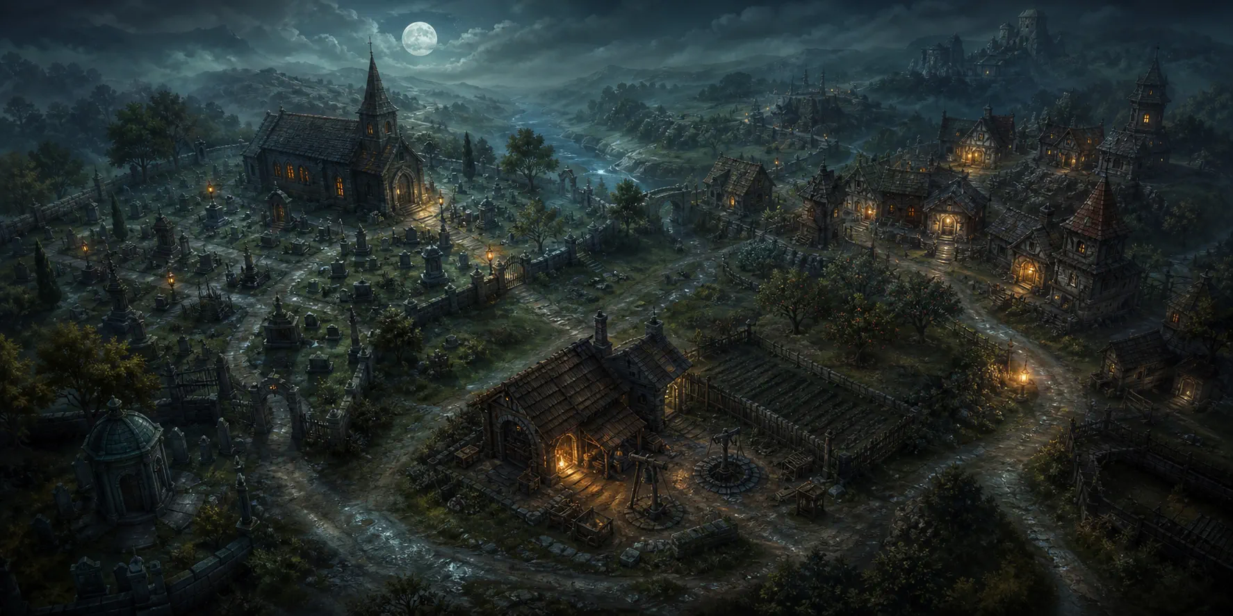 A moonlit overview of a graveyard, workshop, town and surrounding valley